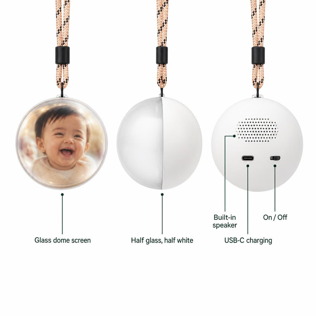 Memory Orb front and back: glass dome screen, built-in speaker, USB-C charging, on/off switch