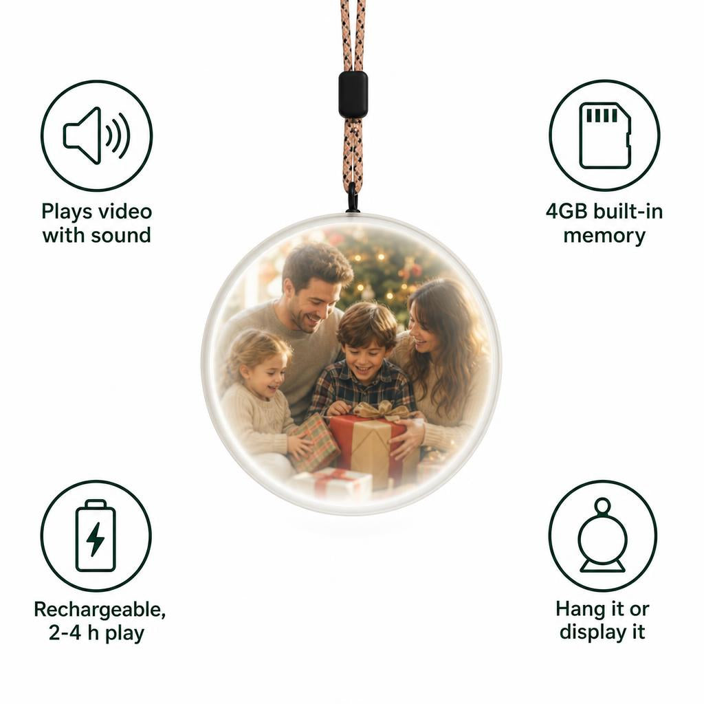 Memory Orb features: plays video with sound, 4GB memory, rechargeable, hang or display