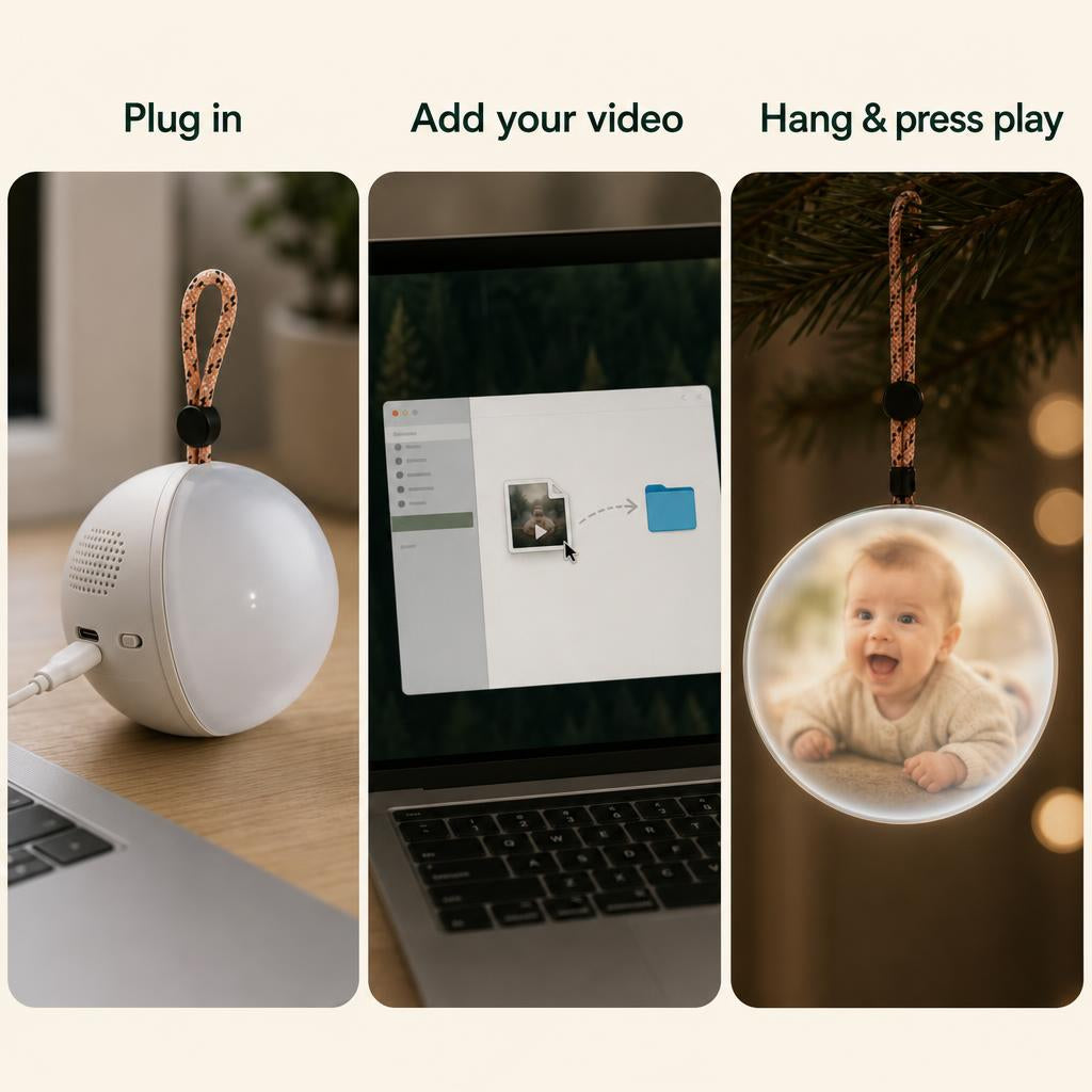 How the Memory Orb works: plug in, add your video, hang and press play