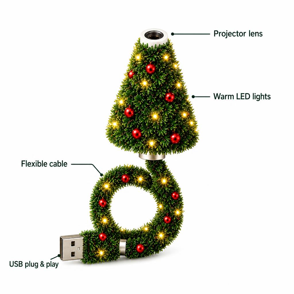 North Pole Projector features: projector lens, warm LED lights, flexible cable, USB plug and play