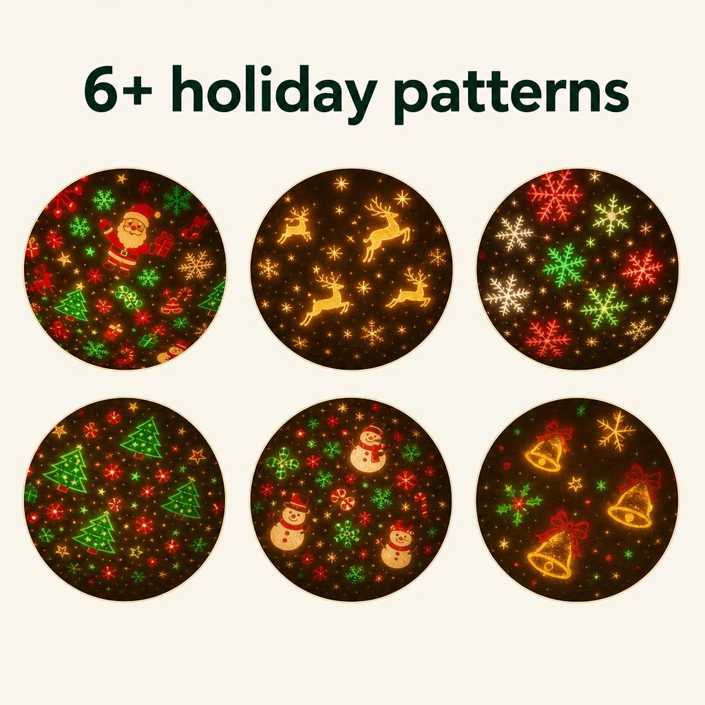 6+ holiday projection patterns: Santa, reindeer, snowflakes, trees, snowman, bells