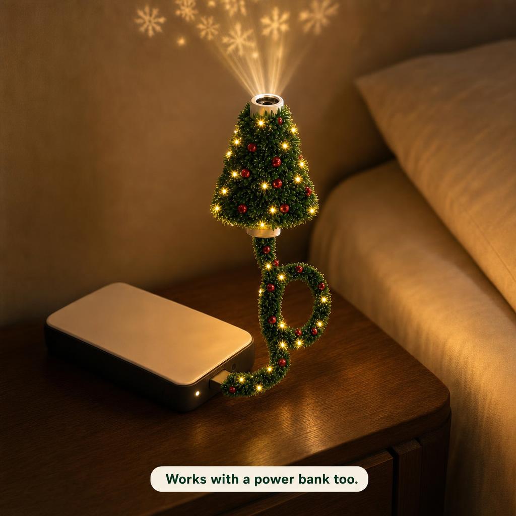 North Pole Projector powered by a portable power bank on a nightstand: works with a power bank too