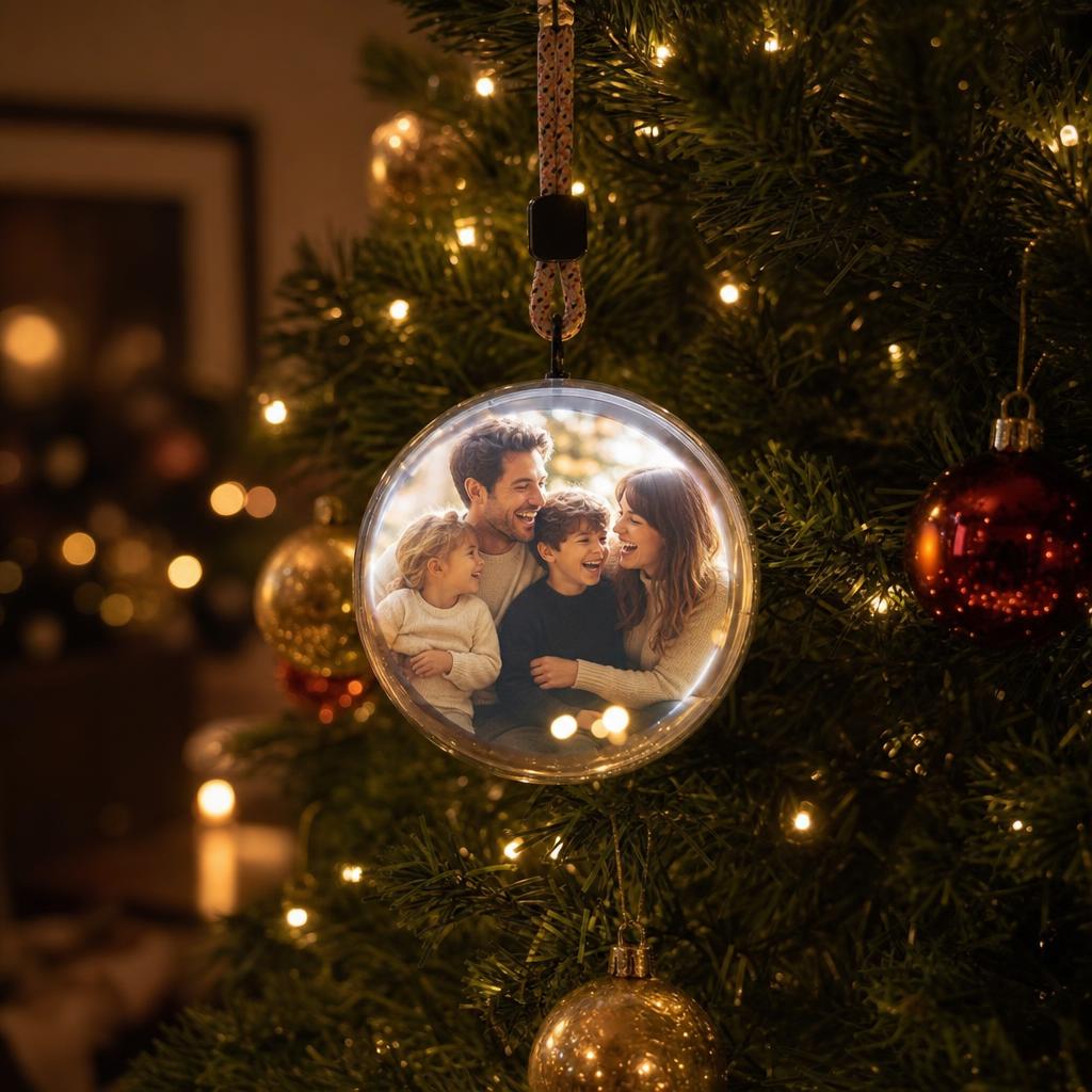 Memory Orb hanging on a Christmas tree playing a family video
